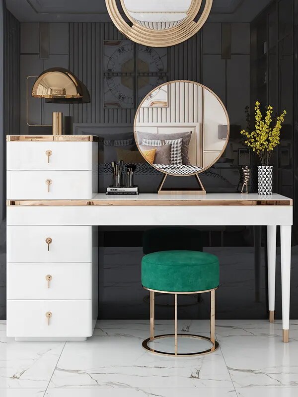 Dresser Makeup Mirror Dressing Stool Combination Light Luxury Furniture for Bedroom White Gold-Plated Makeup Table