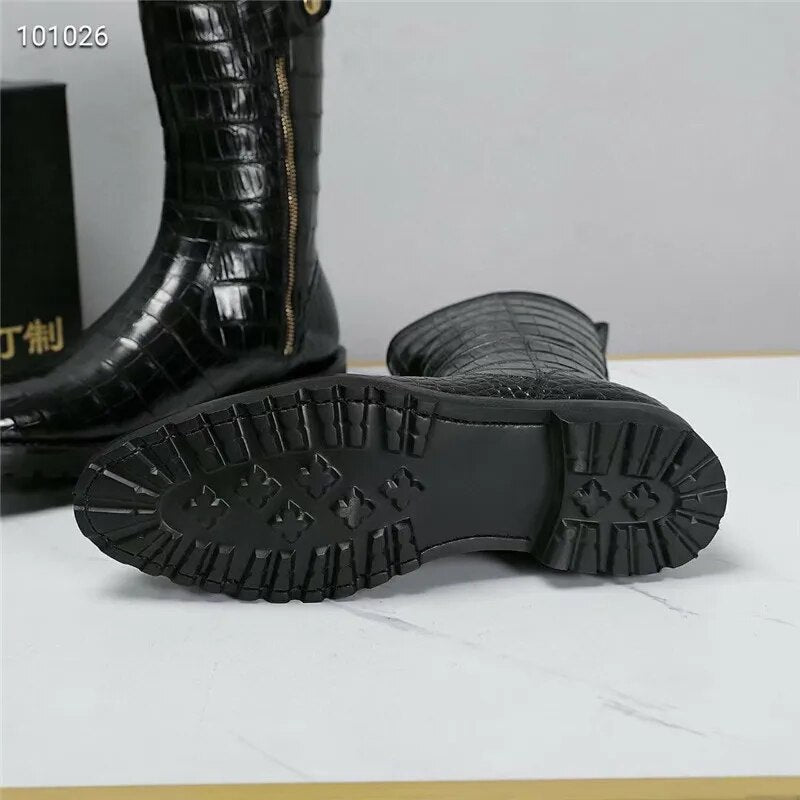 Custom-made Authentic Crocodile Skin Men's Mid-calf Boots Genuine Alligator Leather Male High-lift Winter Shoes with Wool Lining