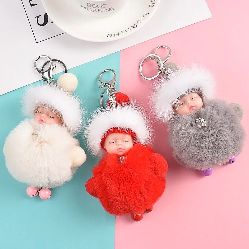 New Pompom Sleeping Baby Keychain Cute Fluffy Plush doll Keychains Women Girl Bag Keyrings Car Key Ring Jewelry Gift porte clef