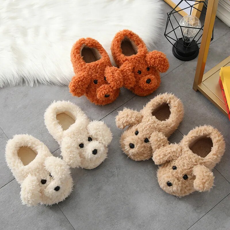 New Autumn Winter Women Slippers Cute Cartoon Dog Indoor Floor Anti-slip Shoes Children Ladies Indoor Bedroom Cotton Fur Slides