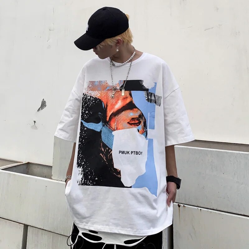 Aolamegs T-shirt Men Retro Esthetics Boy Painting Print Men's Tee Shirts Casual O-neck High Street Tee Fashion Summer Streetwear