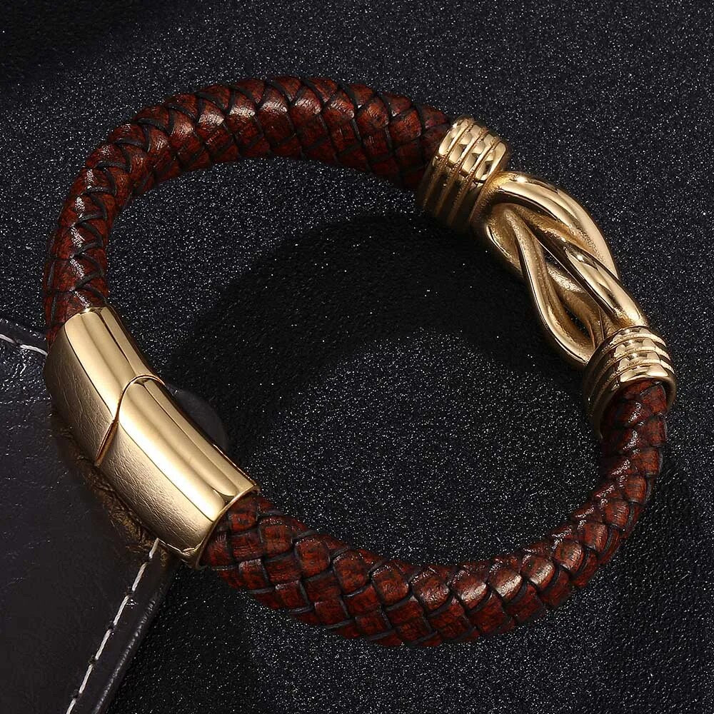 Punk Bracelet Men Brown Leather Stainless Steel Unique Knot Shape Wristband Magnet Buckle Bracelets Male Jewelry Gift BB0750