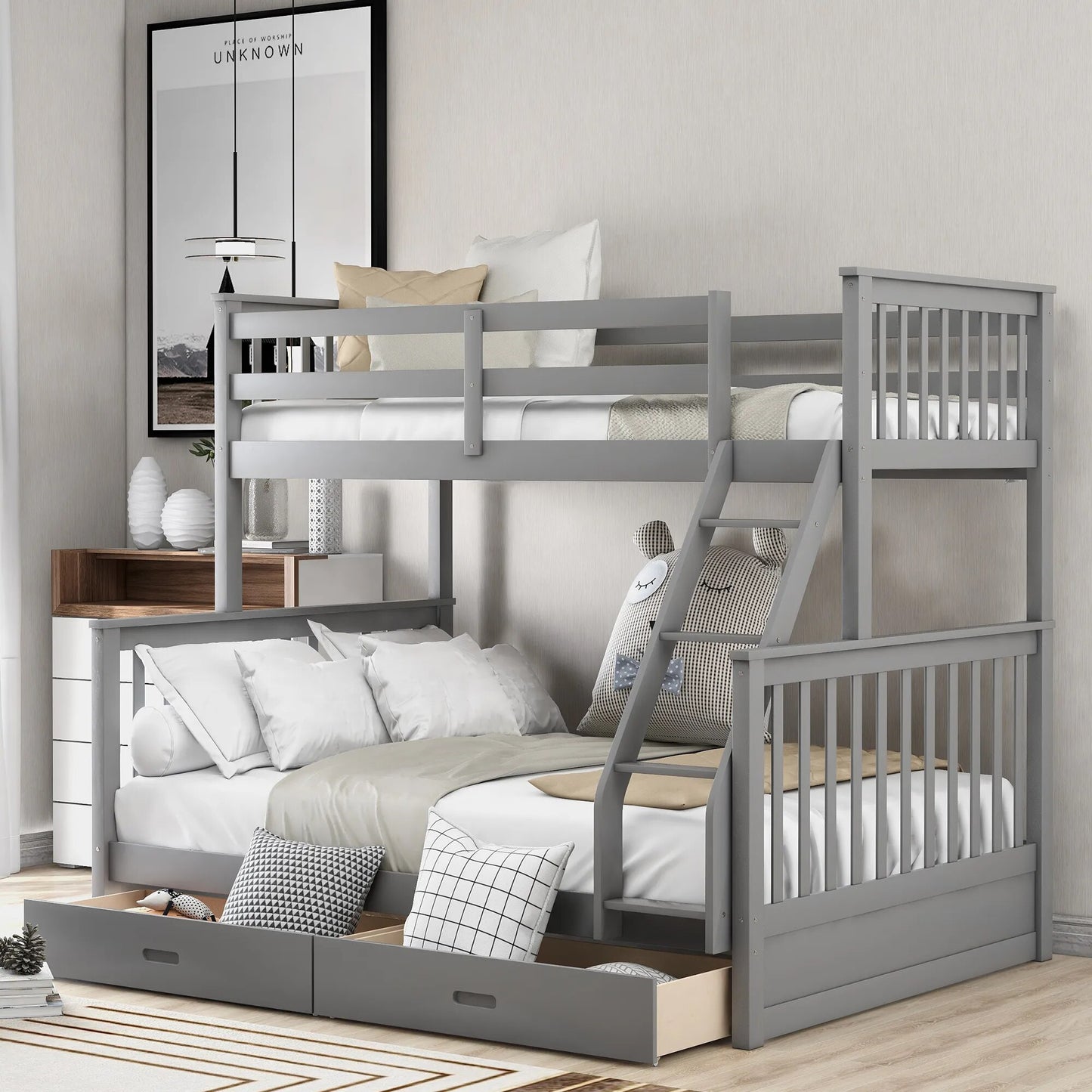 Four Colors Twin-Over-Full Bunk Bed with Ladders and Two Storage Drawers Bedroom Furniture for Livingroom US Warehouse