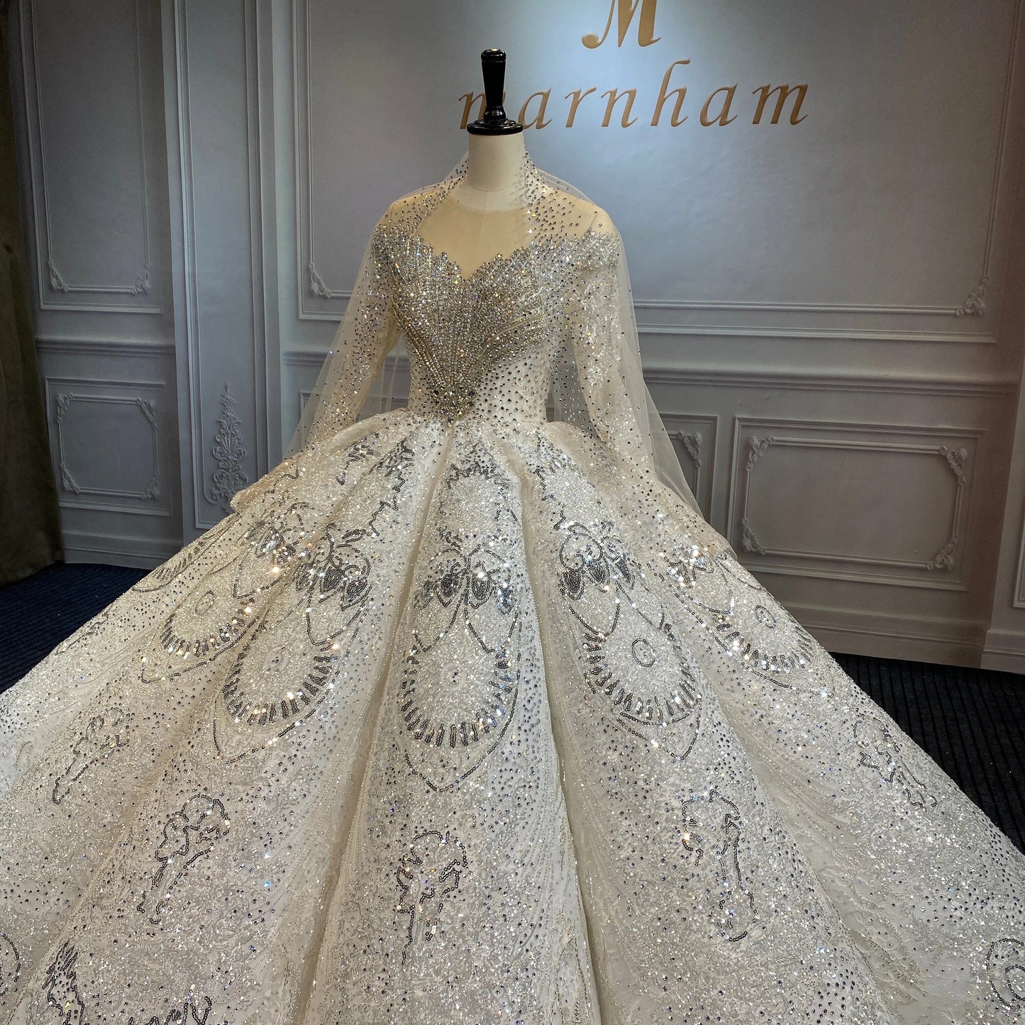 Marnahm Luxury Woman Wedding Dress 2022 Bridal Gown V Neck Full Beads Diamonds Long Sleeves Custom Vestido De Novia High Quality
