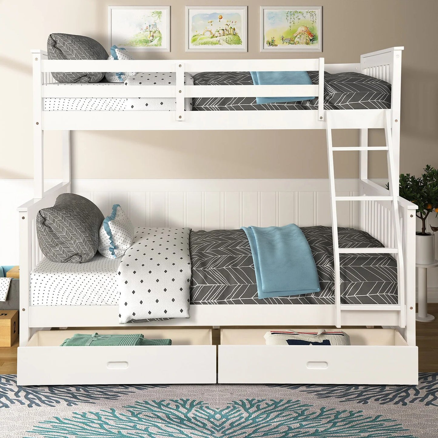 Four Colors Twin-Over-Full Bunk Bed with Ladders and Two Storage Drawers Bedroom Furniture for Livingroom US Warehouse