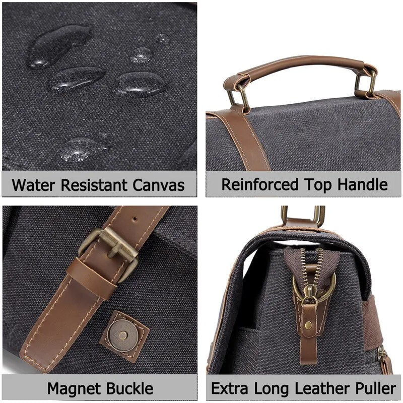 VASCHY Vintage Men Briefcase Water Resistant Canvas Messenger Bag for 15 In Laptop Business Satchel Padded Shoulder Bags Male
