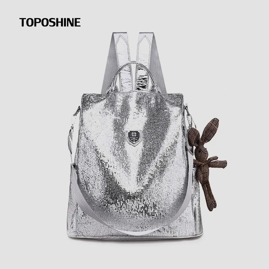 Toposhine 2023 New Casual Women Backpacks PU Leather Anti-Theft Black Backpack Girls School Shoulder Bag With Bunny Black/Silver