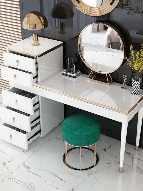 Dresser Makeup Mirror Dressing Stool Combination Light Luxury Furniture for Bedroom White Gold-Plated Makeup Table