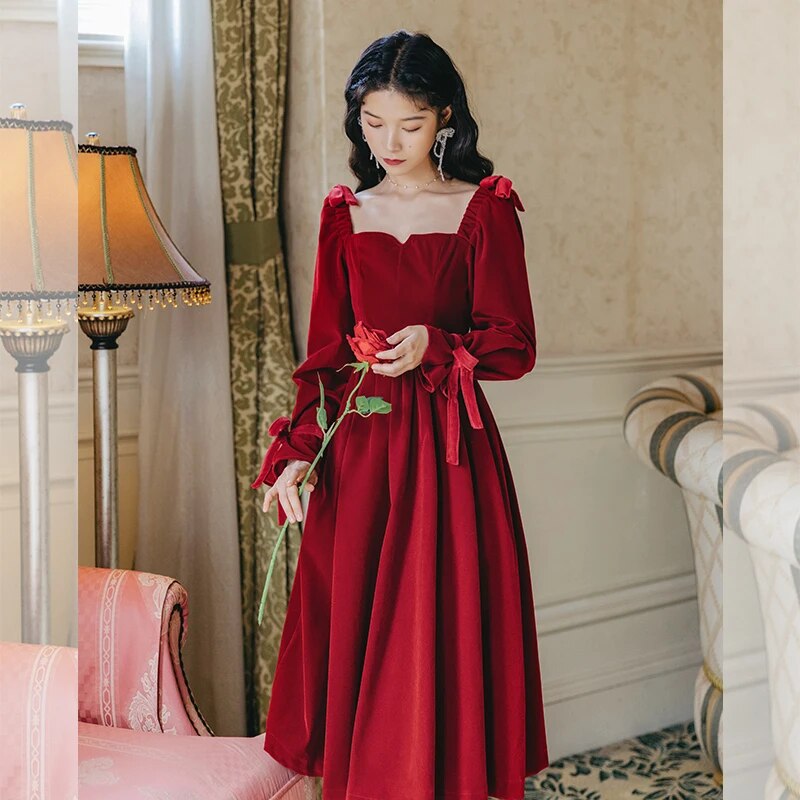 2020 new fashion women's clothing autumn Square Collar  Full  Knee-Length  Vintage  dresses  dress