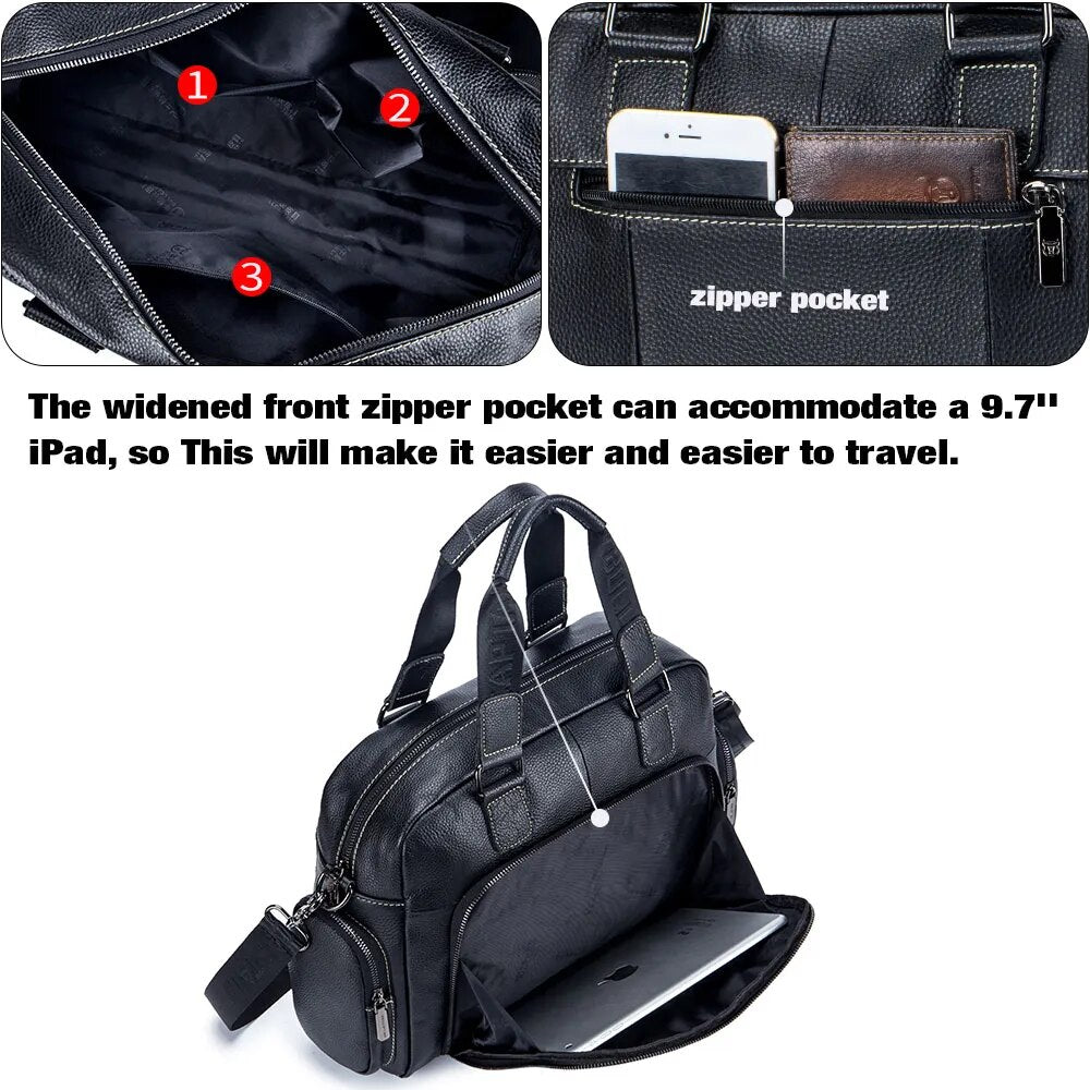 BULLCAPTAIN Men's Leather Briefcase Can Be Used For 14-Inch Laptop Business Shoulder Messenger Handbag Leisure Travel Bags