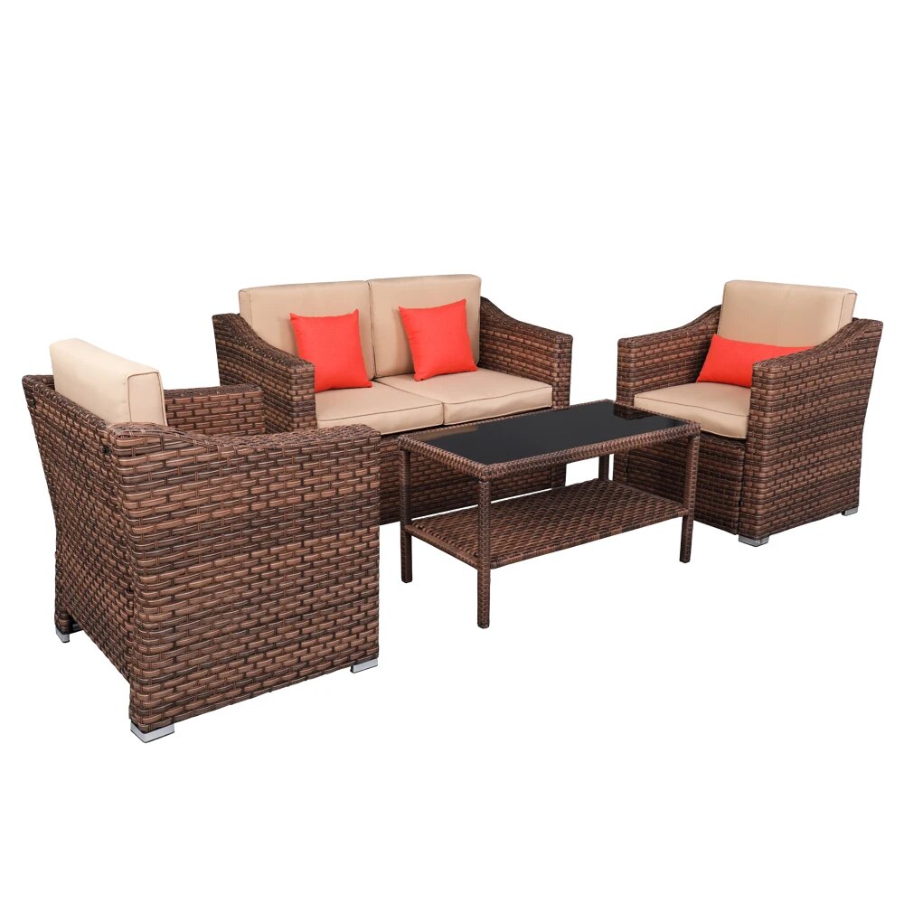 US Warehouse Wide Rattan Double Contiguous Rattan Four-Piece Suit 1 Double 2 Single 1 Double Coffee Table  Outdoor Furniture Set