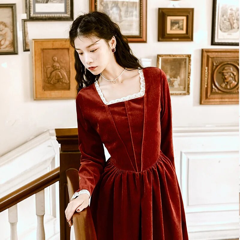 2019 new fashion women's clothing Autumn and winter vintage dress Square Collar
