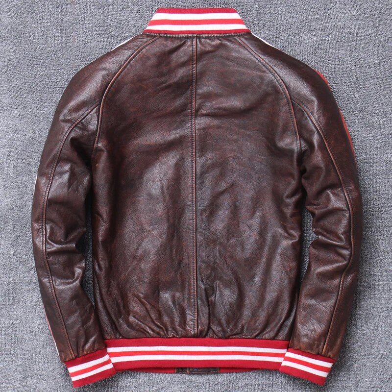 Casual Single Breasted Striped Men Baseball Coat Cowhide Uniform Genuine Leather Jacket Winter Korean Distressed Trench Coat 3XL
