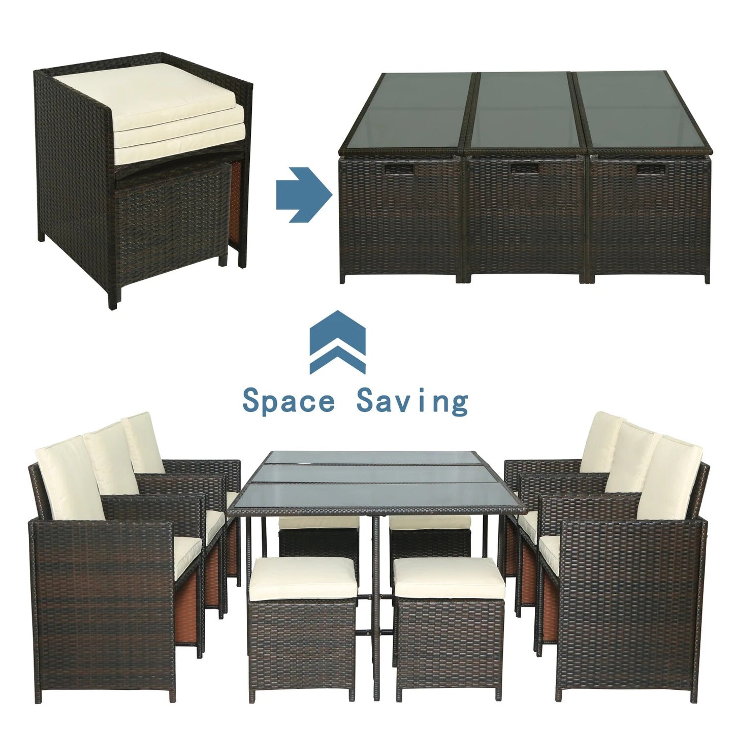 11 or 9 PCS Outdoor Patio Rattan Wicker Dining Table Set Garden Courtyard Furniture Sets 6 Armchairs+4 Stools+1 Table[US-Stock]