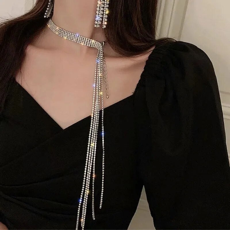 High-end luxury long rhinestone tassel choker necklace,delicate and elegant girlcubic zircon necklace gift party wedding jewelry