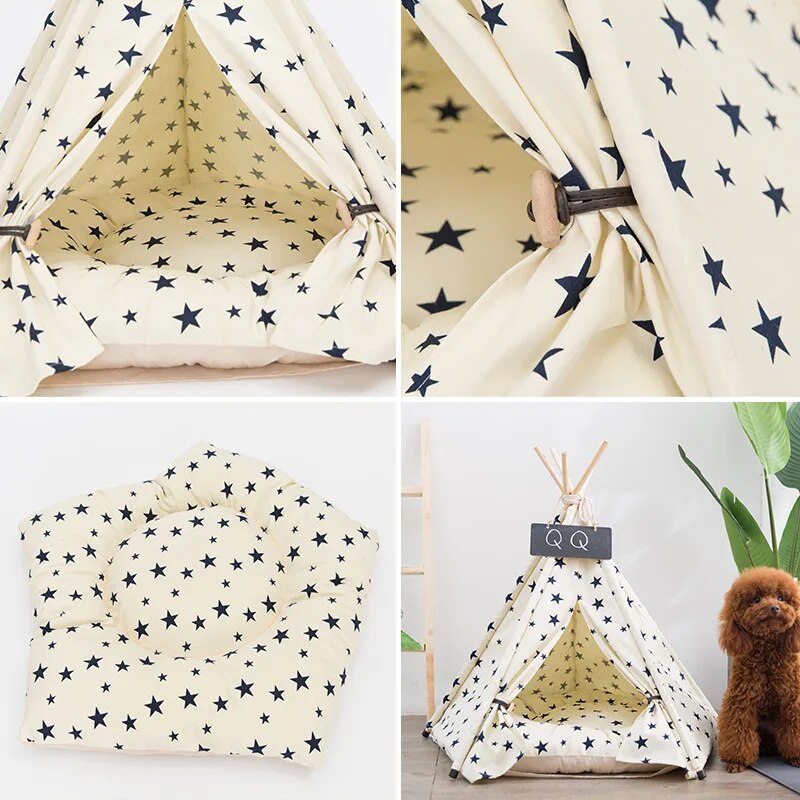 Pet Teepee Cat Tent Dog House Bed Canvas Dogs Tents Kennel with Thick Cushion Blackboard Indoor Modern Houses for Puppy Kitten