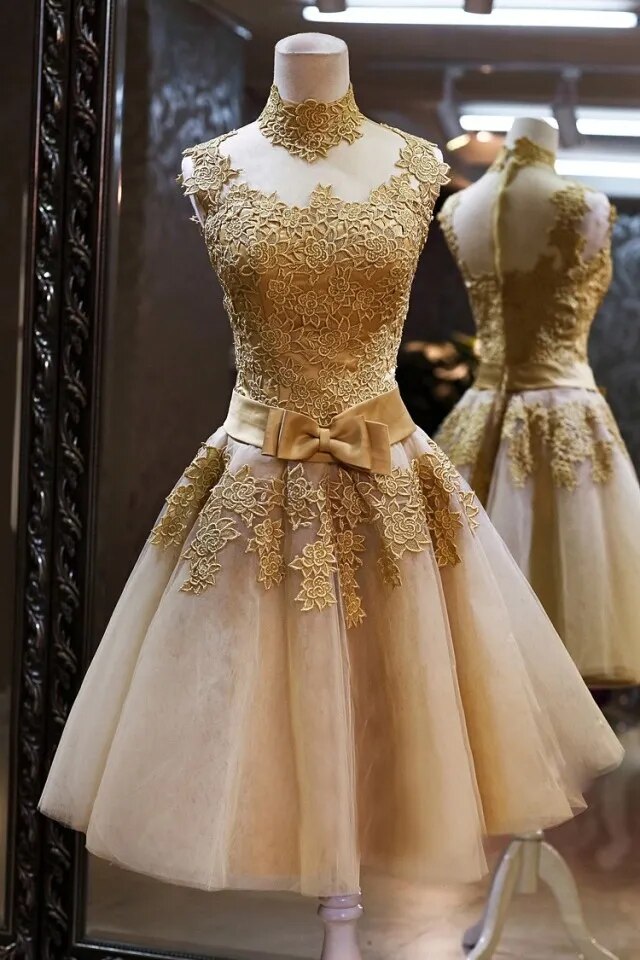Robe De Soiree 2023 golden Short Lace Evening Dresses gowns Banquet Vintga High Neck vestido de festa Prom Dresses party dress - KAISERINC