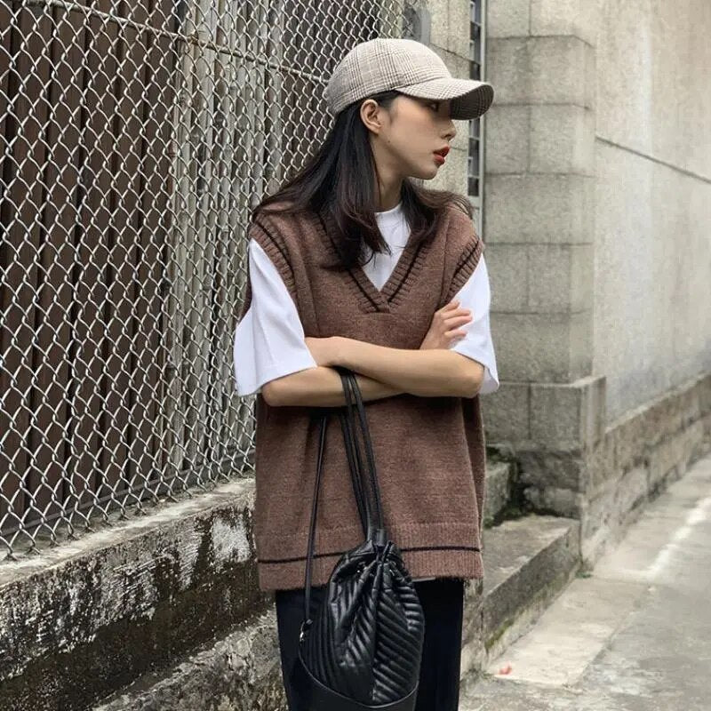 Vests Women Simple Classic BF Spring Autumn Femme Knitted Outwear Young Lovely All-match Striped Schoolgirls Sleeveless Jacket - KAISERINC