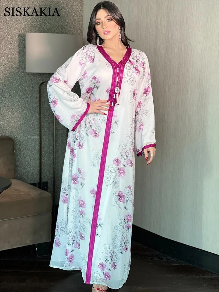 Siskakia Middle Eastern Women's Clothing Ribbon V Neck Gold Silk Print Ethnic Maxi Dresses Loose Muslim Oman Arabic Abaya White