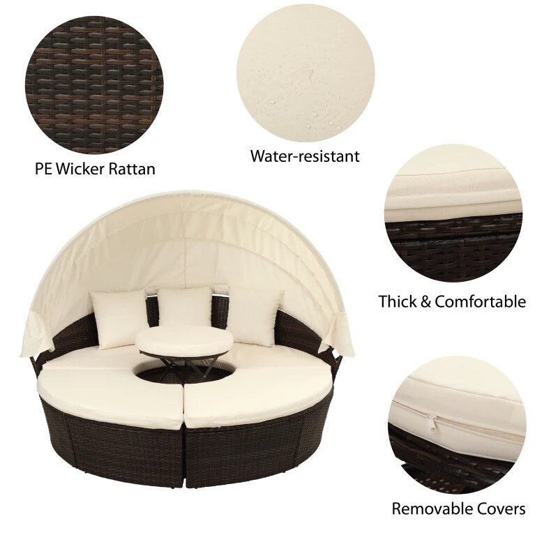 Patio Furniture Round Outdoor Sectional Sofa Set Rattan Daybed Sunbed with Retractable Canopy and Removable Cushion (Beige)