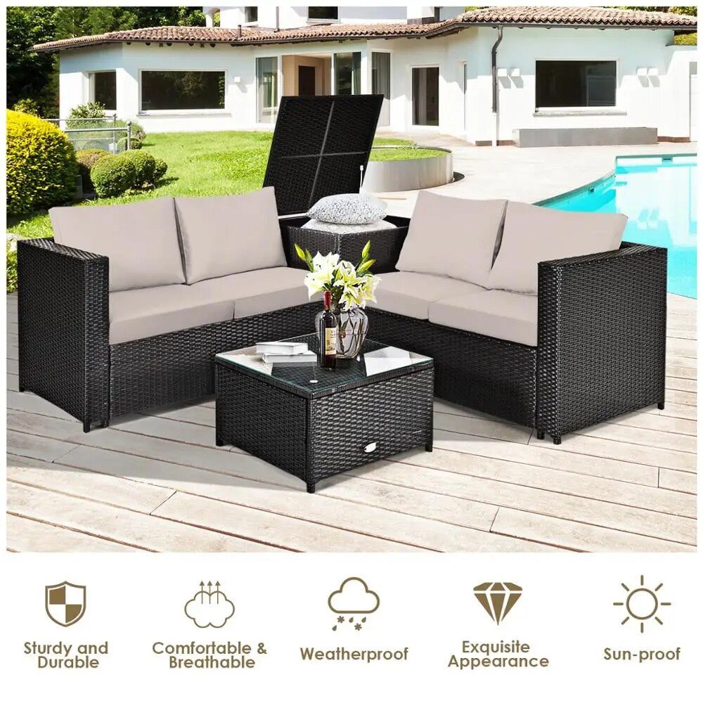 8PCS Outdoor Patio Rattan Furniture Set Cushioned Loveseat Storage Table 2*HW66714BN+