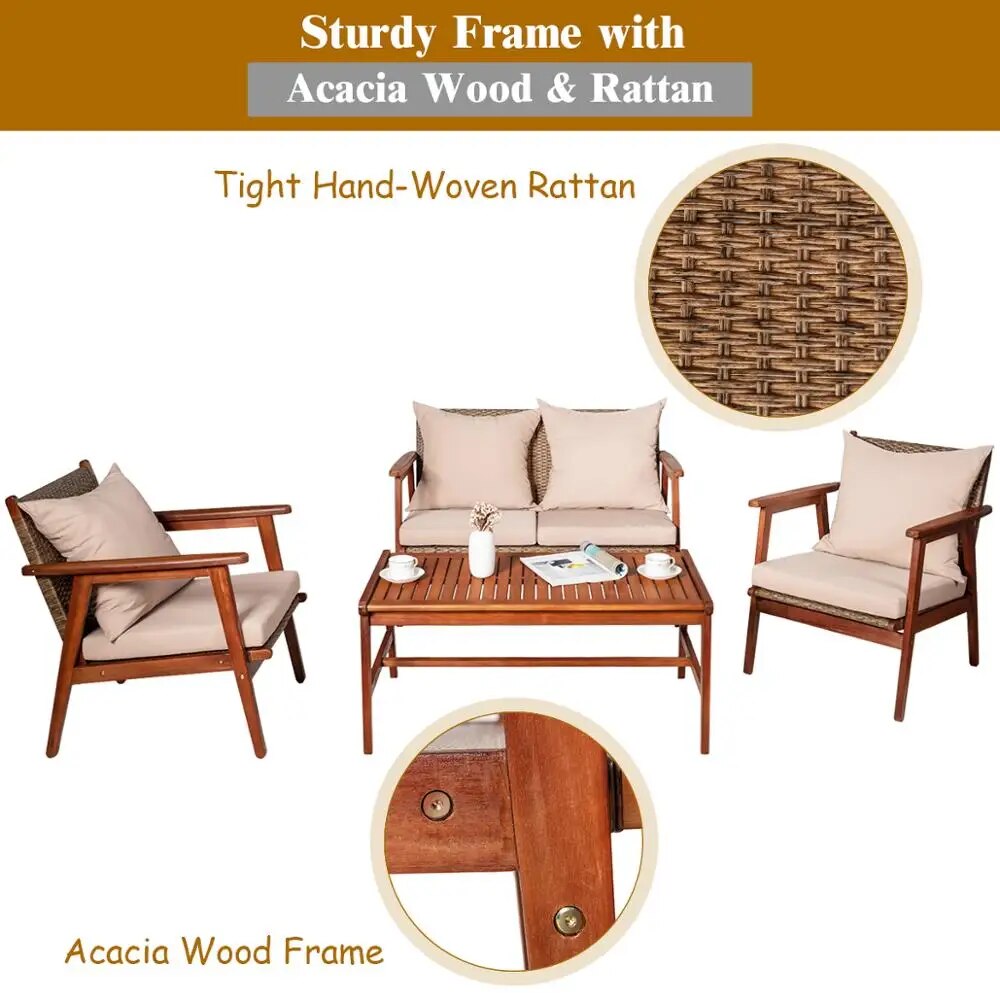 8PCS Patio Rattan Furniture Set Acacia Wood Frame Cushioned Sofa Chair Garden 2*HW66517+