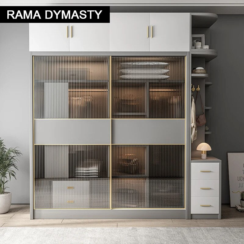 Wardrobe storage large capacity fashion wardrobe double hanging assembly cabinet reinforcement sliding wooden closet furniture