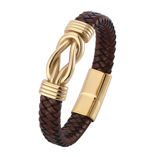 Punk Bracelet Men Brown Leather Stainless Steel Unique Knot Shape Wristband Magnet Buckle Bracelets Male Jewelry Gift BB0750
