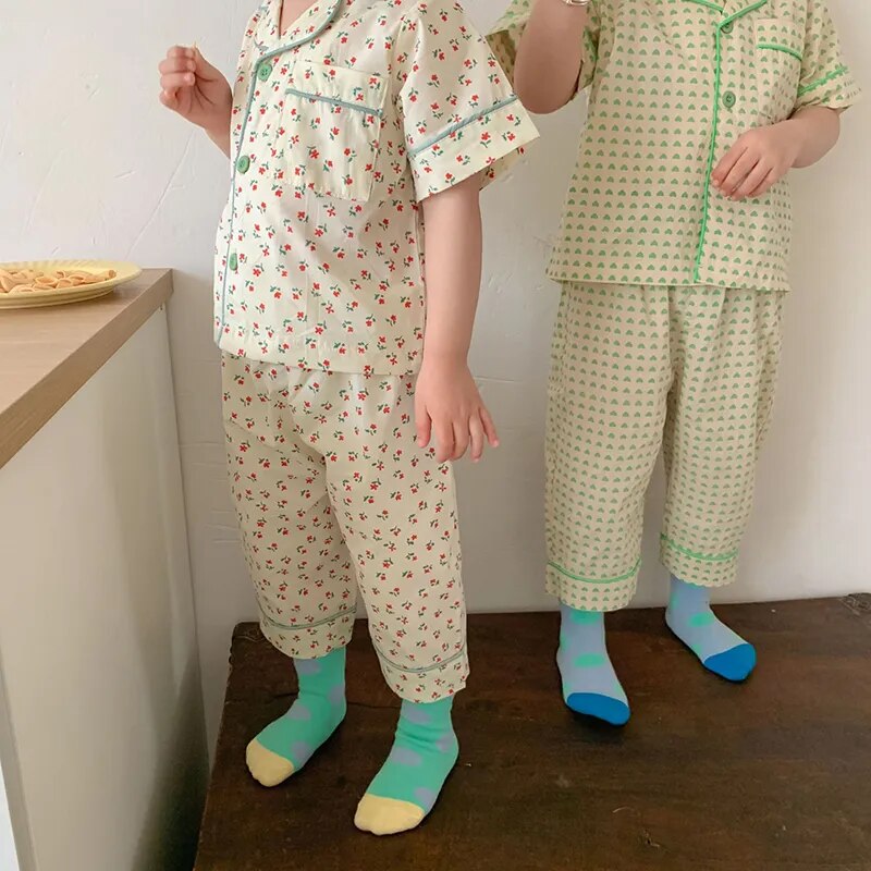 Summer Kids Pajamas Korean Print Suit for Boys and Girls Casual Cotton Sleepwear