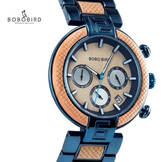 BOBOBIRD Quartz Business Mens Watch Wood & Stainless Steel Chronograph Timepieces jam tangan pria Gift In Wooden Box L-T15