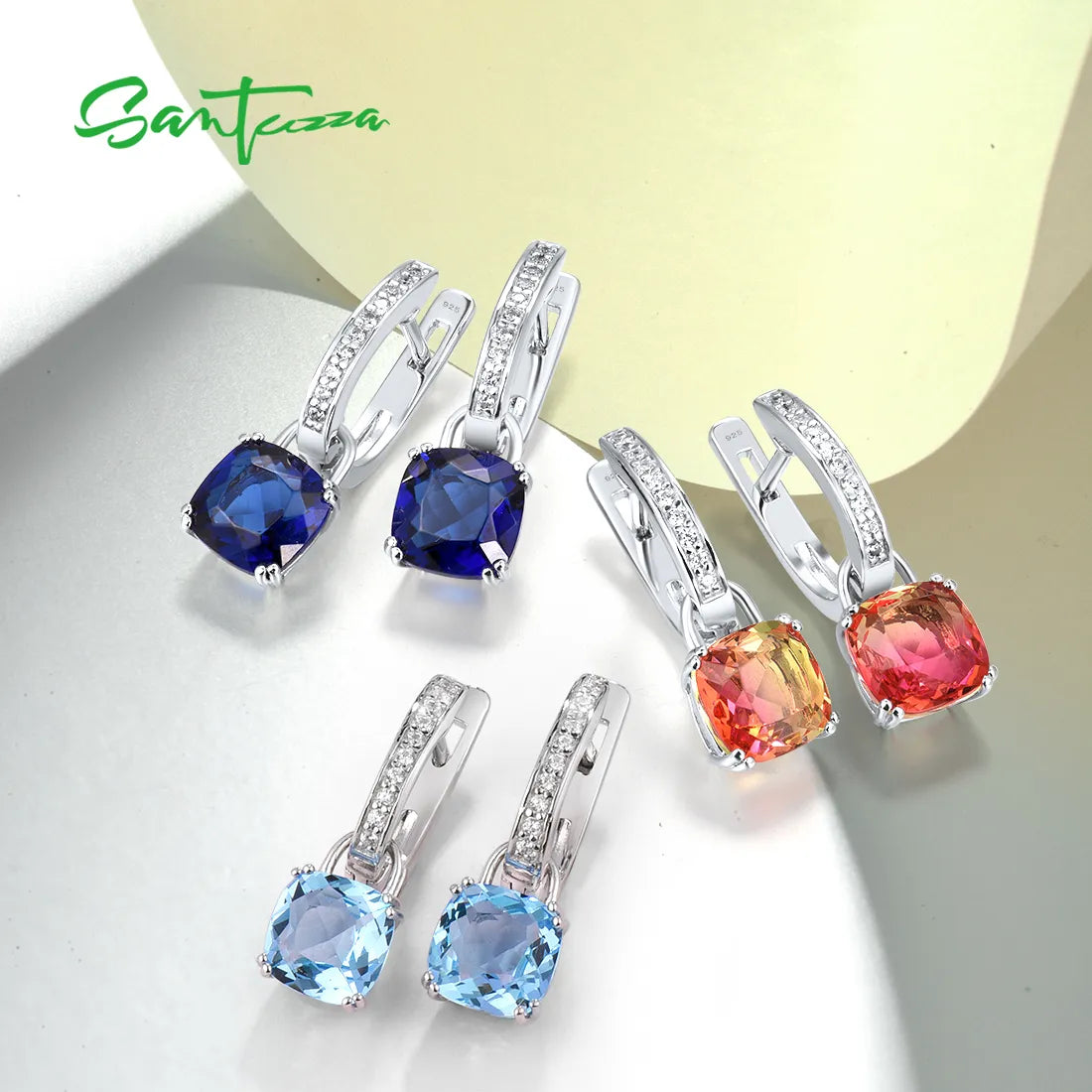 SANTUZZA Pure 925 Sterling Silver Earrings For Women Blue Pink Stones White Cubic Zirconia Dangle Earrings Fashion Fine Jewelry