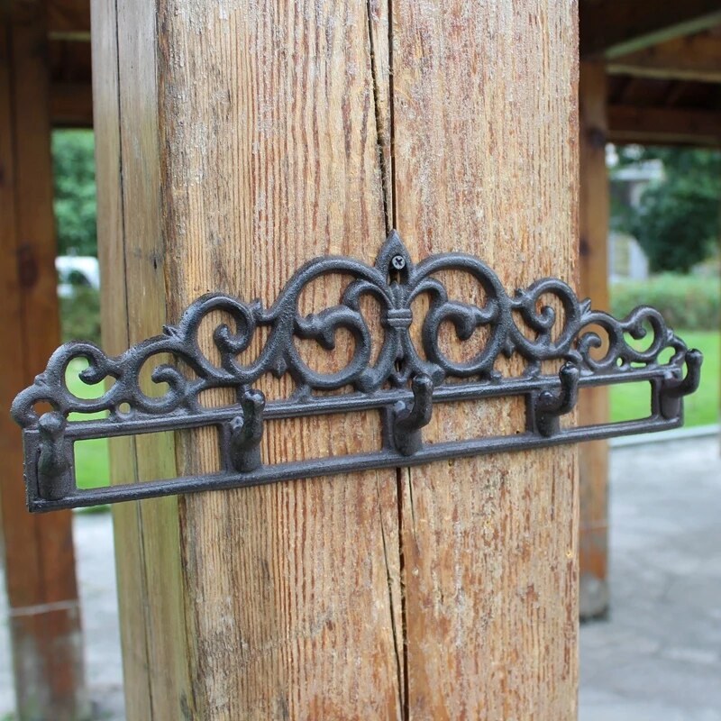 Chic Black Fleur De lis Cast Iron Wall Hook With Five Hangers Handmade European Home  Garden Decor Wall Mounted Metal Hooks