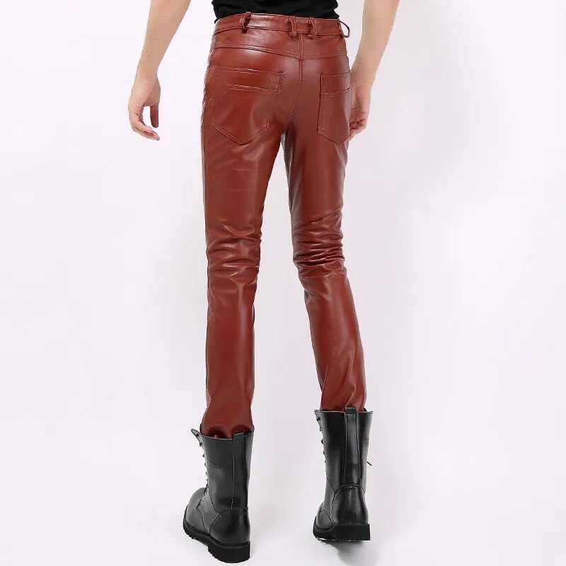 Classic Solid Color Men Genuine Leather Cowhide Motorcycle Pants Autumn Winter Skinny Pencil Pants Streetwear Punk Mens Trousers