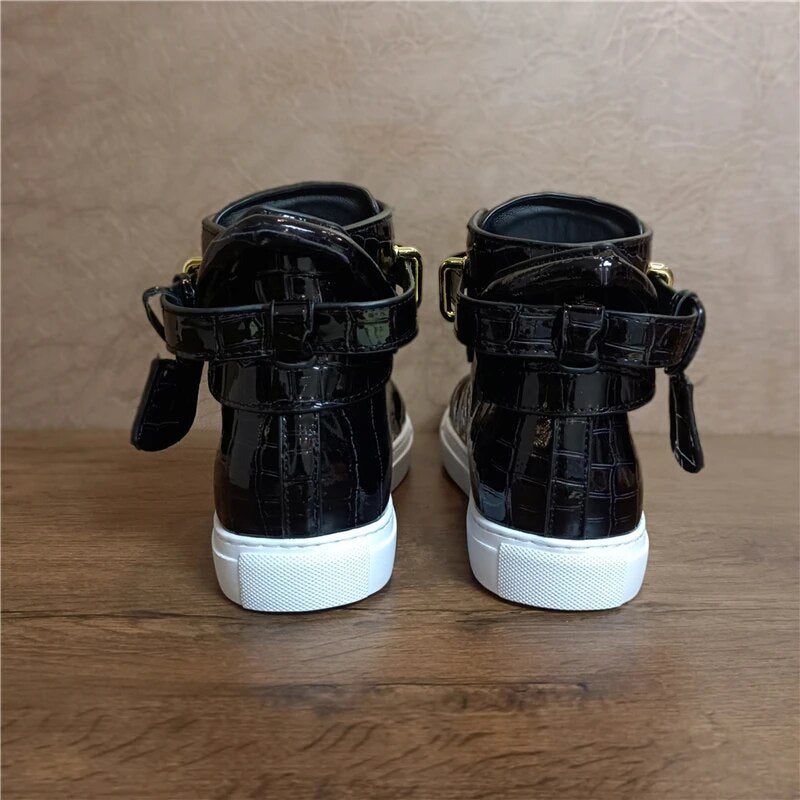 Phenkang Men Alligator Pattern High Top Sneakers Lock Lace Flats Glossy Real Leather Newest Designer Boots Men‘s Casual Shoes