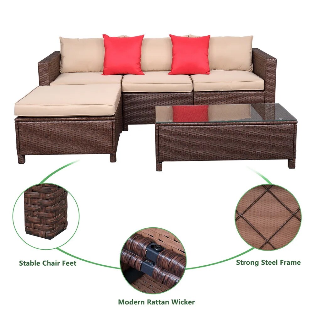 5Pcs Patio Furniture Set Rattan Sofa Hanging Legs 2 Corners 1 Sofa Without Armrests 1 Foot Drag 1 Rectangular Coffee Table Brown