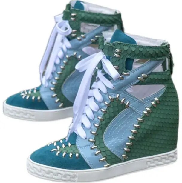 Woman Green Blue Python Suede Leather Patchwork Rivets High Top Sneakers 8 CM Height Increasing Lace Up Wedge Casual Ankle Boots