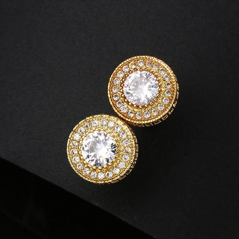 ICEOUTBOX Gold Color Iced Out Round Bling Stud Earring Men Hip Hop Luxury Rhinestone Geometry Stud Earrings For Women Jewelry