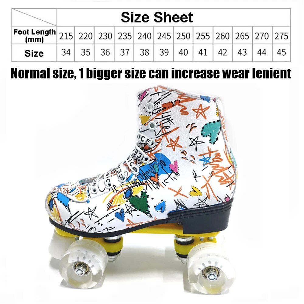 Print White Black Microfiber Roller Skates Double Row 4 Wheels PU Skating Shoes Skates Kids Gifts Roller Sneakers Training