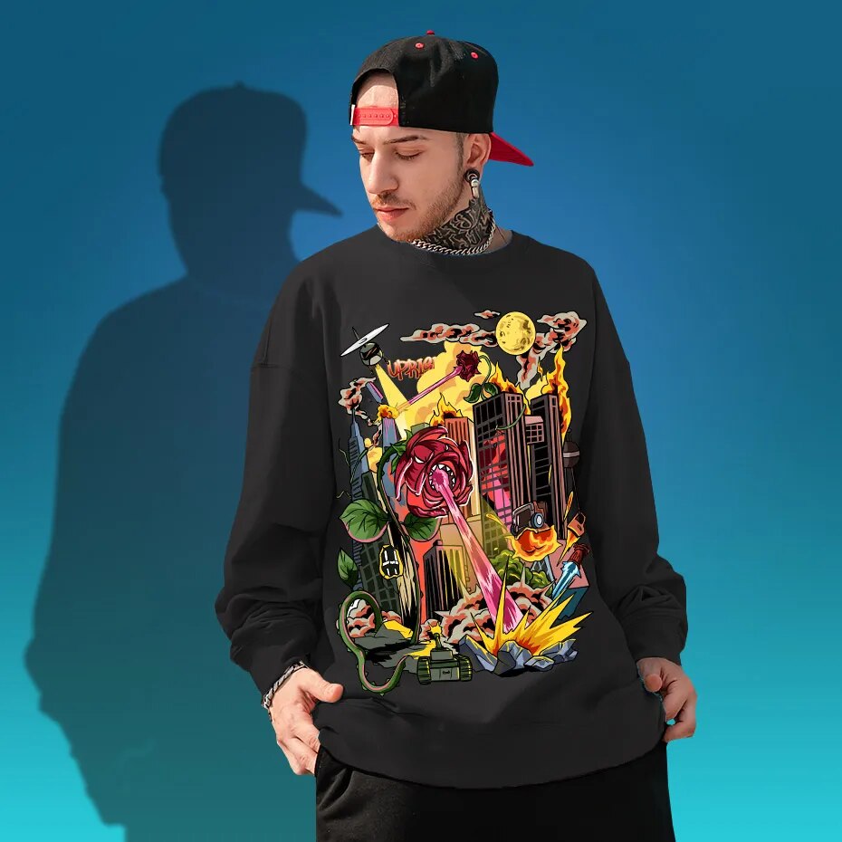 Hoodies, Sweatshirts Men Rose Flower attack Printe Men's Tee Shirts long Sleeve  Fashion High Street Hip Hop Streetwear Hoodies