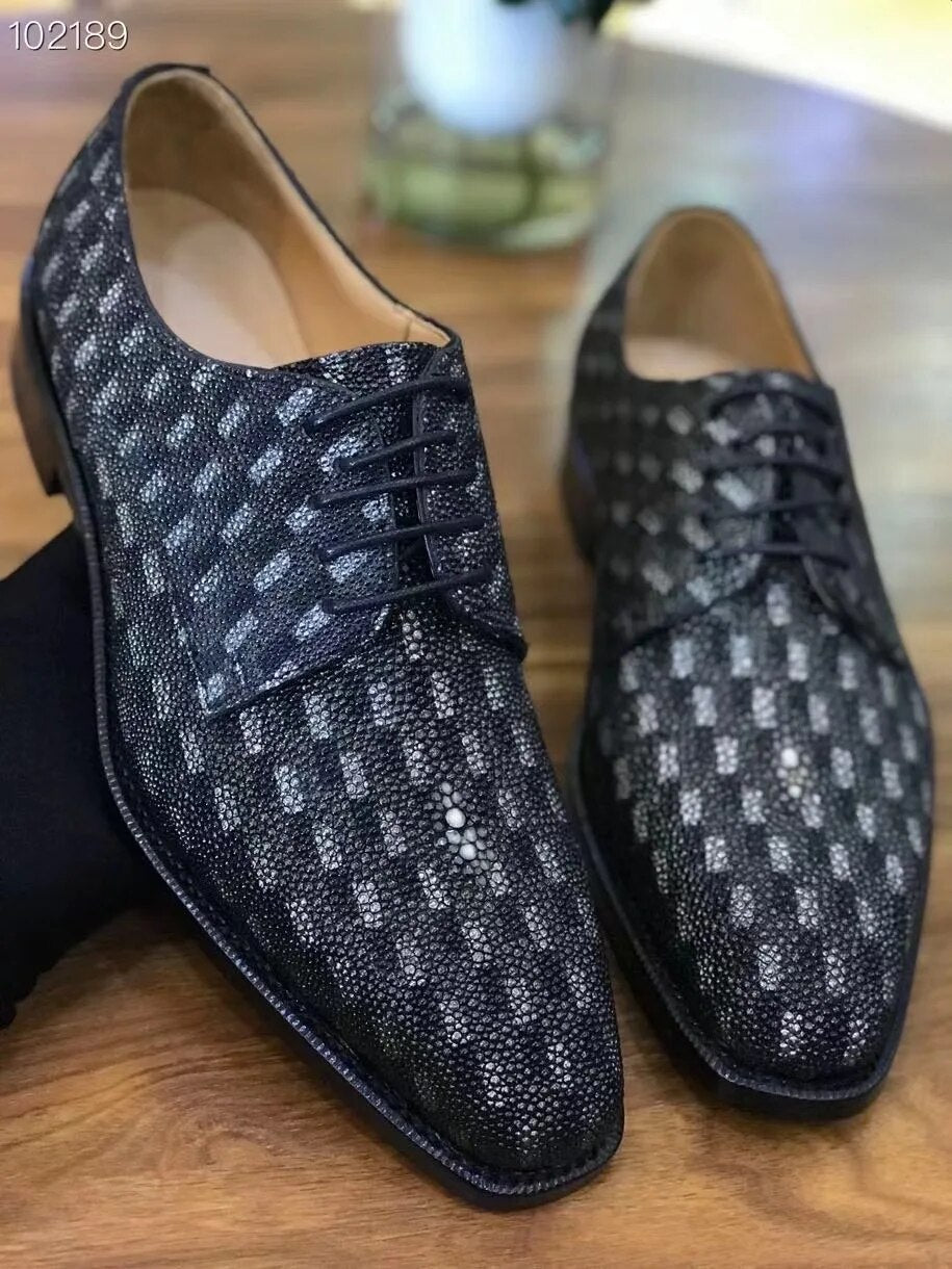 Sipriks New Style Real Stingray Skin Shoes Men's Luxury Handmade Goodyear Welted Dress Shoes Unique Boss Derby Business Casual