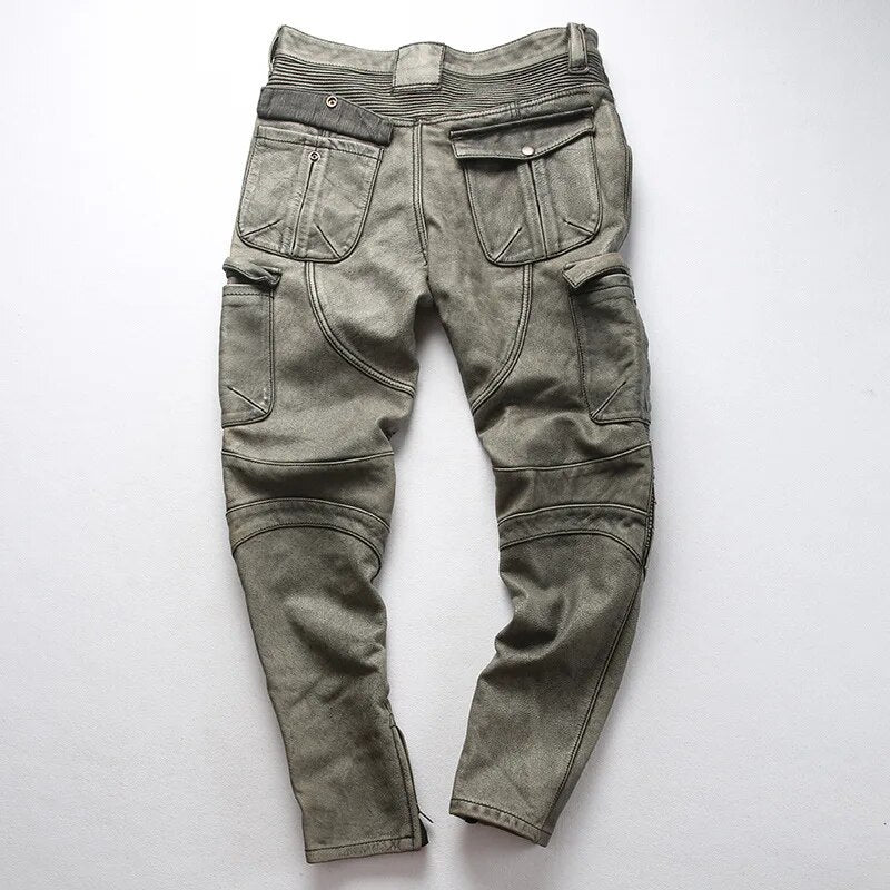 Mens Motorcycle Biker Genuine Leather Pants Real Cowhide Slim Pencil Design Men Cargo Trousers