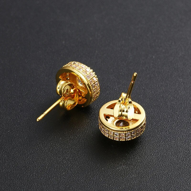 ICEOUTBOX Gold Color Iced Out Round Bling Stud Earring Men Hip Hop Luxury Rhinestone Geometry Stud Earrings For Women Jewelry