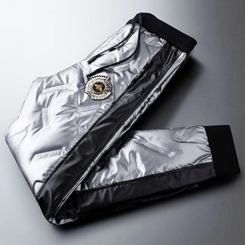 Black shiny men's down pants wear winter cold-proof badge bee warmth tide white duck down pants