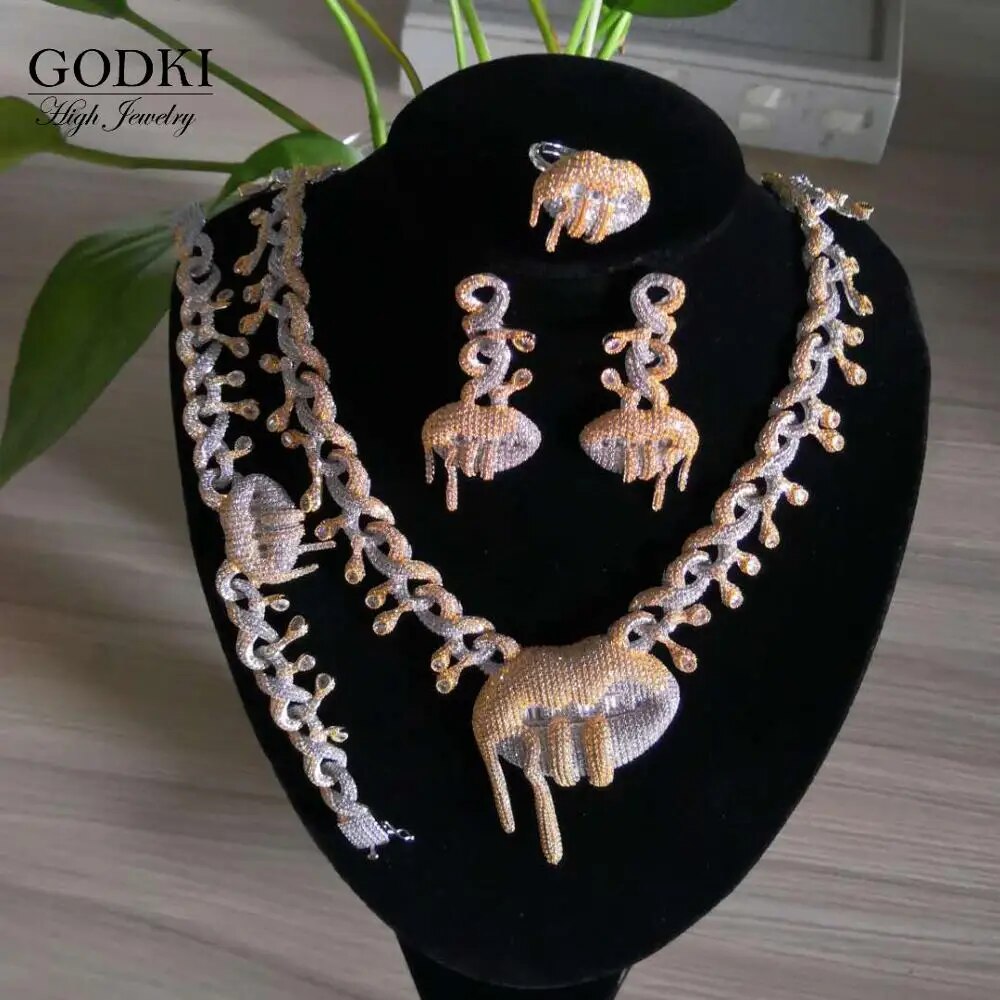 4PCS iced out bling hip hop women jewelry Set Tennis Chain with CZ Miami Cuban Link Chain Trendy Sexy Lips Charm choker necklace