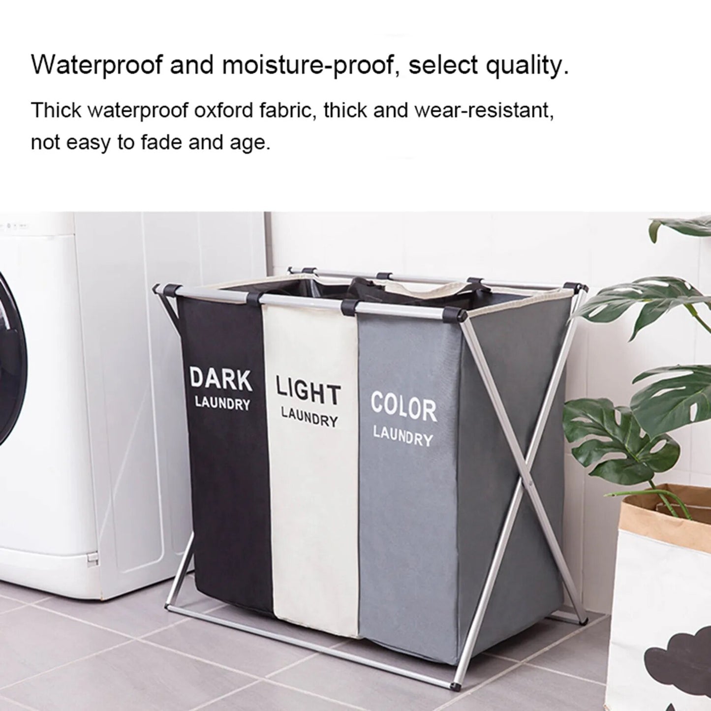 Laundry Hamper Sorter Aluminum  Basket with 3 Section, Thick Cotton & Linen, Mesh Bundle Pocket with Handles Collapsible