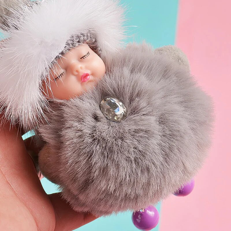 New Pompom Sleeping Baby Keychain Cute Fluffy Plush doll Keychains Women Girl Bag Keyrings Car Key Ring Jewelry Gift porte clef