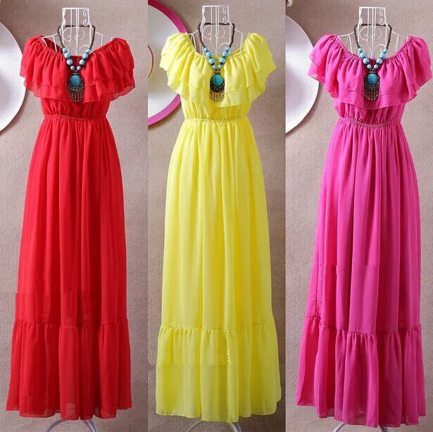 2023 slash neck ruffles bohemian chiffon full dress,girl long dress vestido de festa,Summer  women dresses - KAISERINC