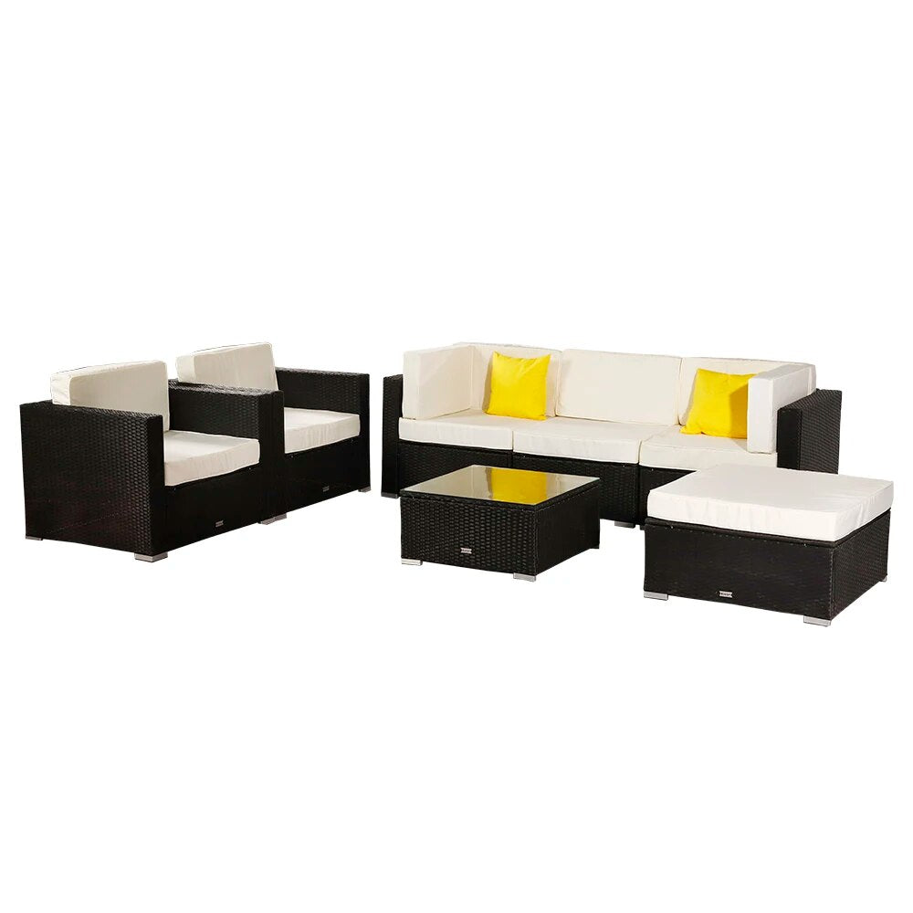 7Pcs Patio Furniture Set Include 1 Armless Sofa 2 Corner Sofa 2 Single Sofa 1 Table 1 Ottoman PE Wicker Rattan Steel Black[US-W]