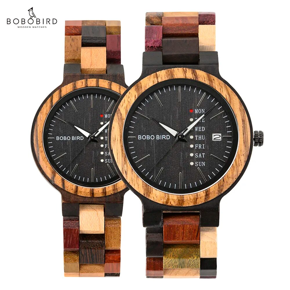 BOBO BIRD Luxury Wood Couple Watches for Men Watch Auto Date Man Watch for Women Handmade Quartz Wristwatch Relogio Masculino