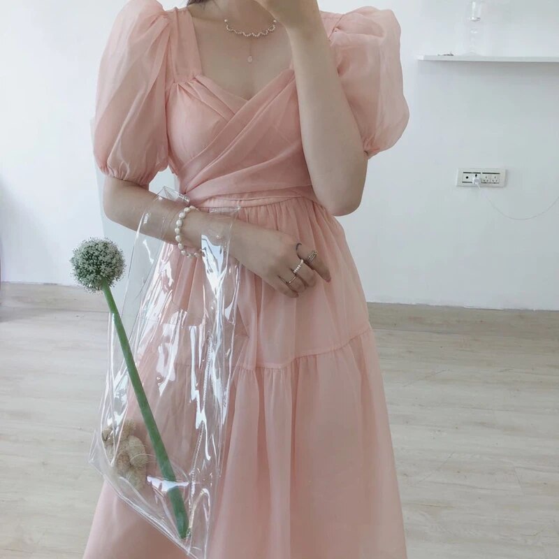 Lolita Puff Sleeve Slim Lace Chiffon Pink Dress Elegant Designer Dress Women French Bandage Dresses 2022 Autumn Women's Clothing